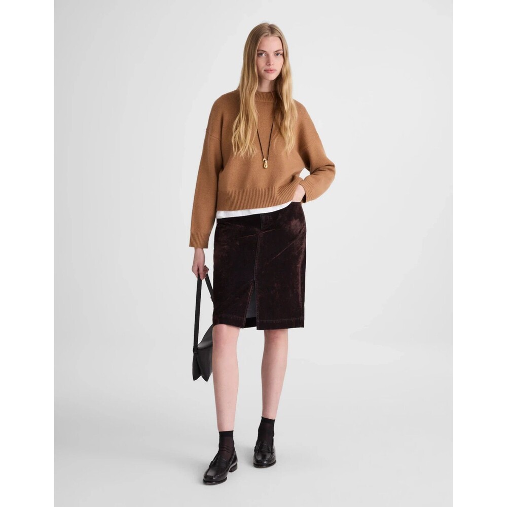 MADEWELL Flocked Denim Midi Skirt 33 Turkish Coffee Velvety Slit NWT B25